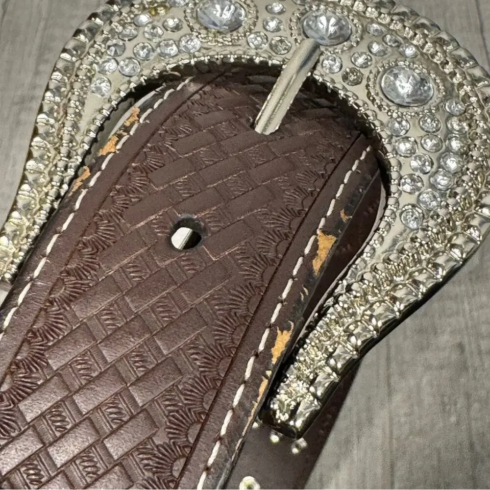Western Belt Rhinestone Bling Brown Leather Rodeo Buckle Cowgirl Small